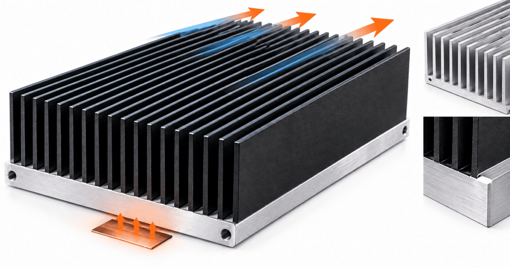Aluminum heat sink design showing extruded fins, CNC machined base, airflow, and thermal interface features.