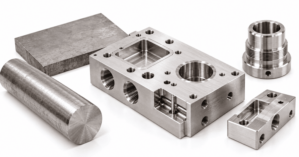 Stainless steel grades, bar and plate stock, and CNC machined parts for material selection.
