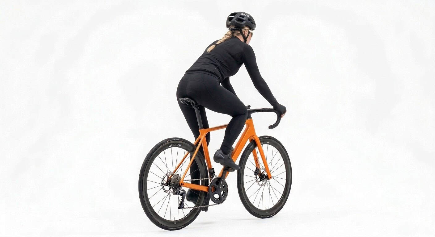 Frau beim professionellen Bikefitting auf Fahrrad in Studio.