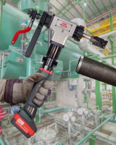 Portable MILLHOG tube and pipe end prep tool, model for boiler pipe, with 18V battery powered, mounting clamp.