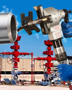 High-capacity MILLHOG tube end prep tool for boilers, model fits large pipes, portable, with mounting options.