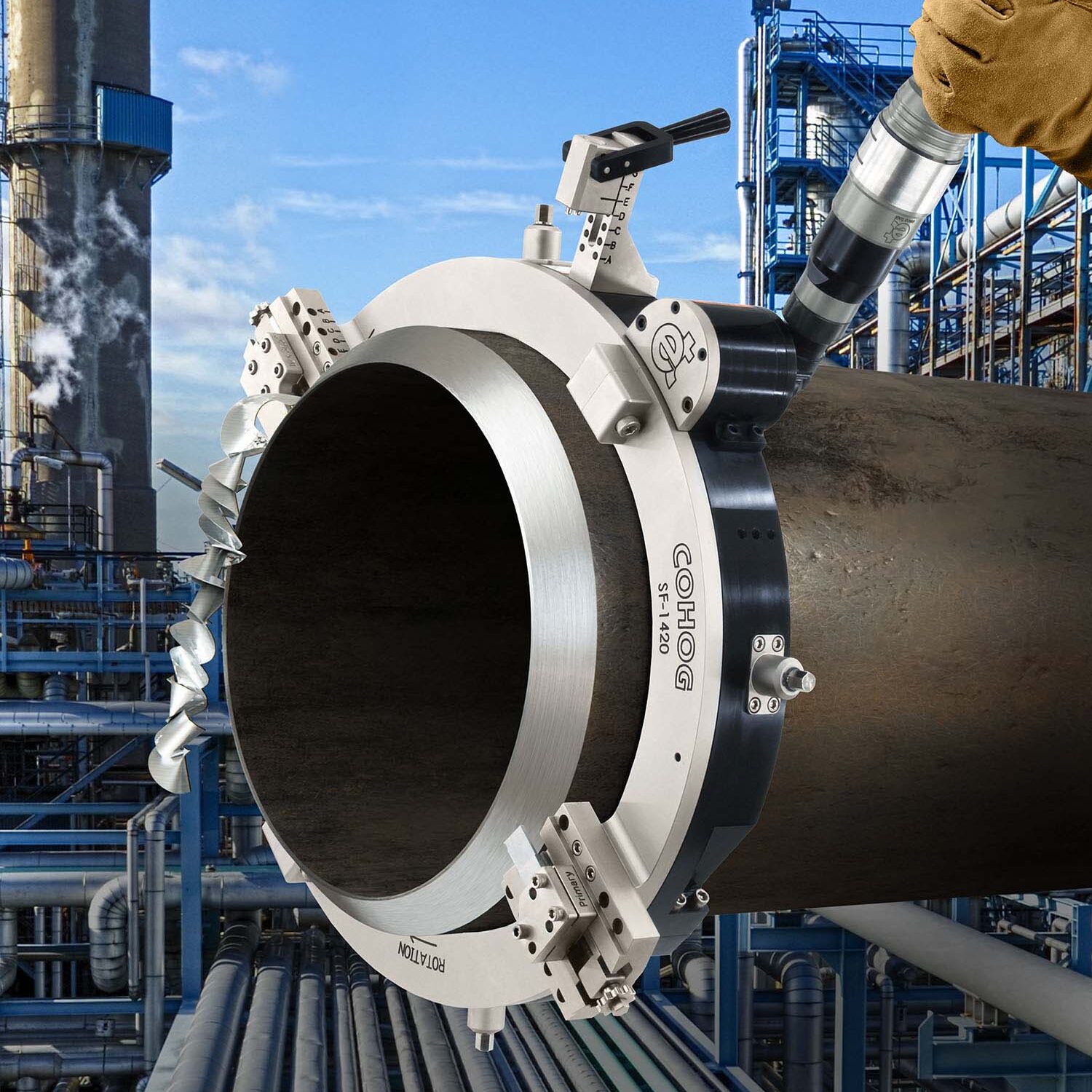 Esco Tool MILLHOG model, portable tube end prep tool, accommodates various sizes, mountable on boiler pipes.