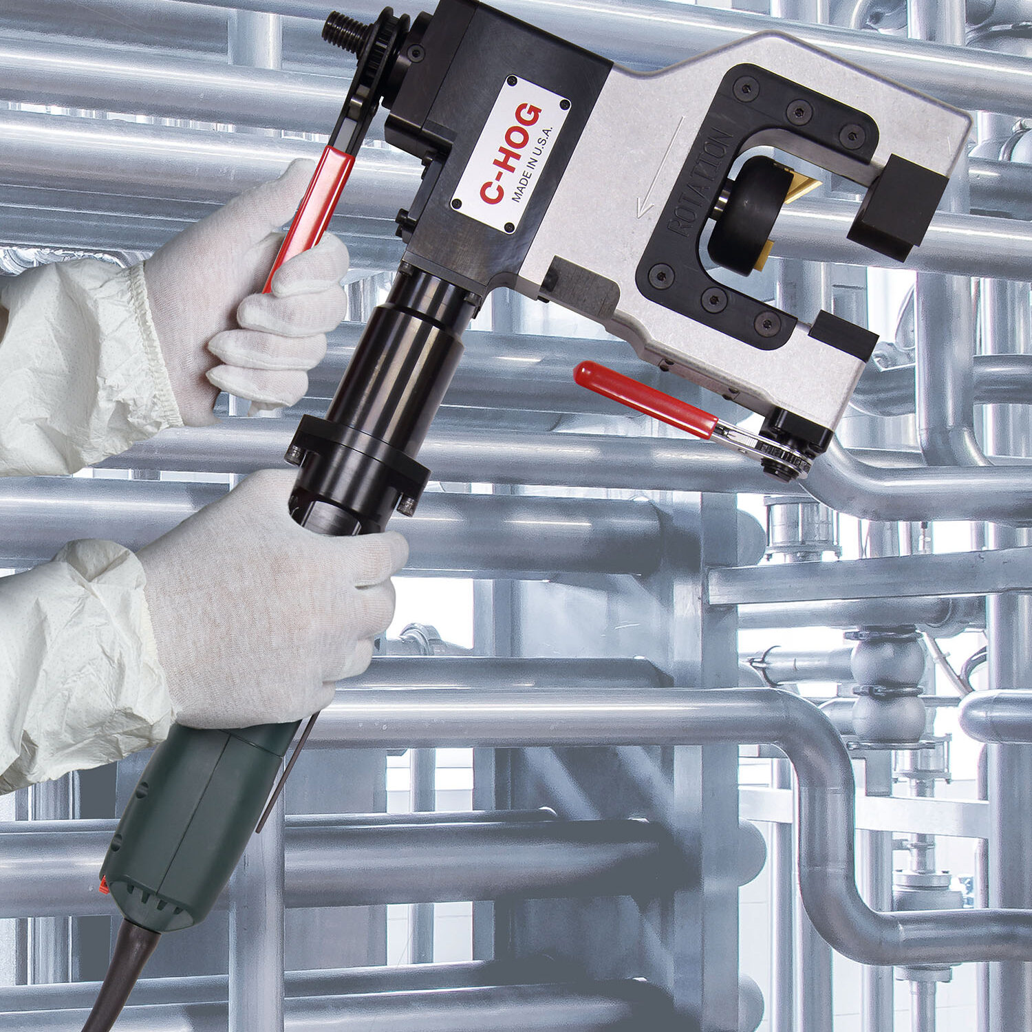 Industrial pipe and tube end prep tool, model MILLHOG, suited for boiler applications, mounts securely, and handles various sizes.