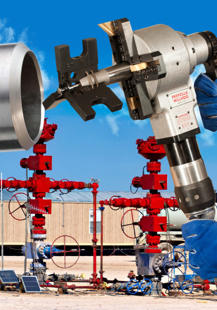 High-capacity MILLHOG tube end prep tool for boilers, model fits large pipes, portable, with mounting options.