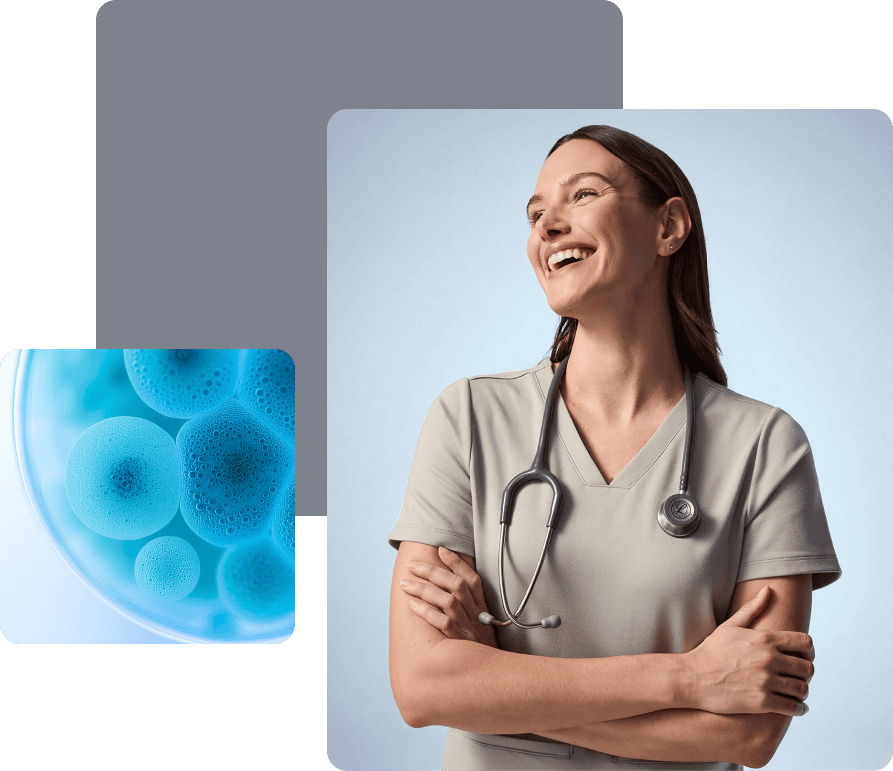 Happy female healthcare professional with stethoscope smiling confidently.