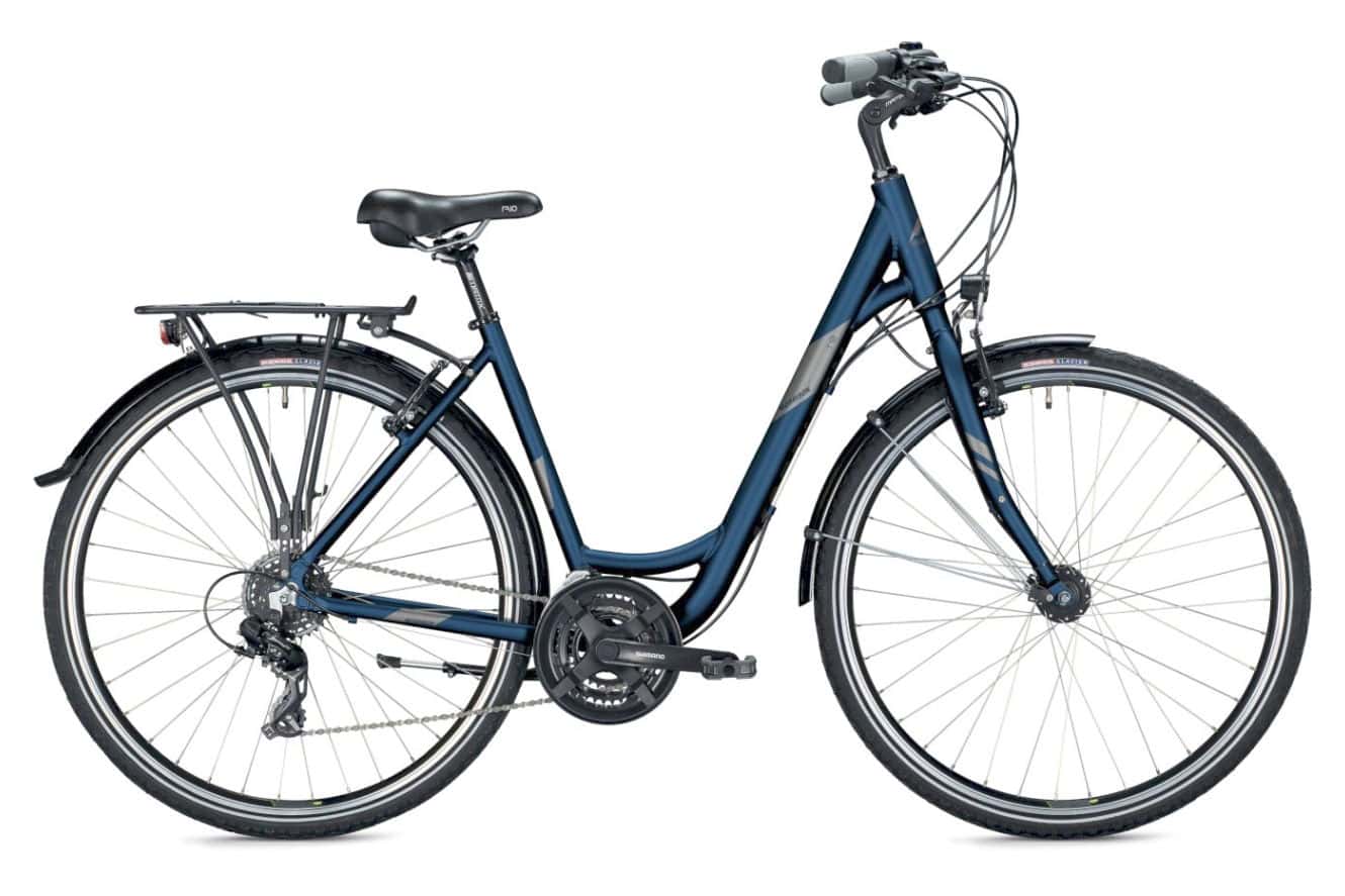 Modernes Damenfahrrad in Blau mit E-Bike-Technologie.