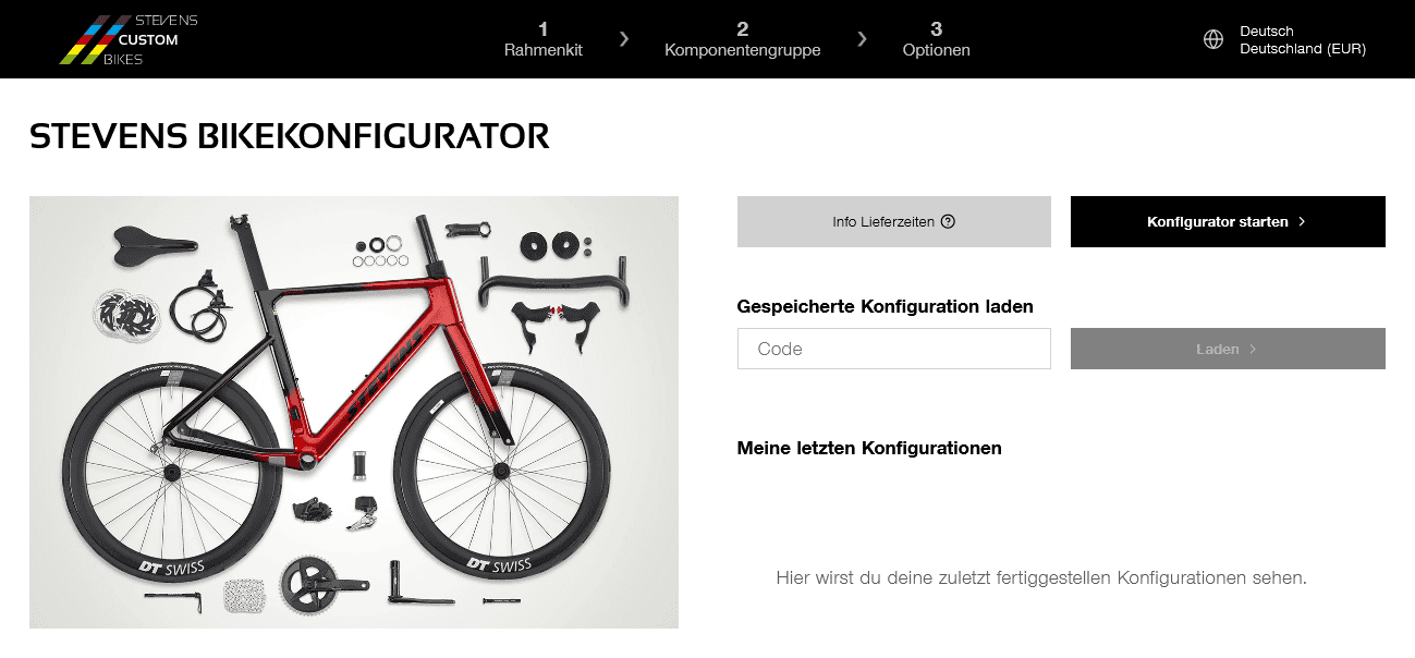 Fahrradkonfigurator mit Rahmen, Komponenten und Zubehör.