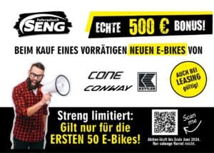 Fahrradwelt Seng bietet 500 € Bonus beim Kauf neuer E-Bikes.