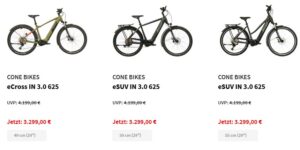 Drei E-Bikes von Cone Bikes in verschiedenen Größen und Designs.