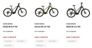 Drei E-Bikes von Cone Bikes mit 750 Wh Akku, verschiedene Modelle und Größen.