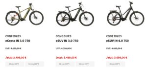 Drei E-Bikes von Cone Bikes in verschiedenen Modellen und Größen.