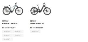 Zwei Fahrräder, Conway Cairon S 2.0 und SUV FS 4.0, im Fahrradgeschäft in Petersberg.