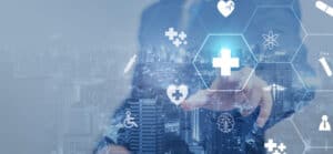 Medical Healthcare and Medicine Concept - Doctor in hospital with digital medical icons graphic interface showing symbol of medicine, health care people