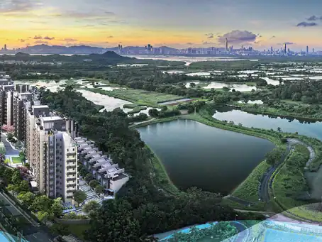 濕地季節公園的自然景觀與城市天際線融合，展現生態與都市的完美結合。.