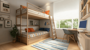 高架床佈置，提升房間空間利用率，結合現代設計風格與安全考量，打造舒適實用的臥室環境。.