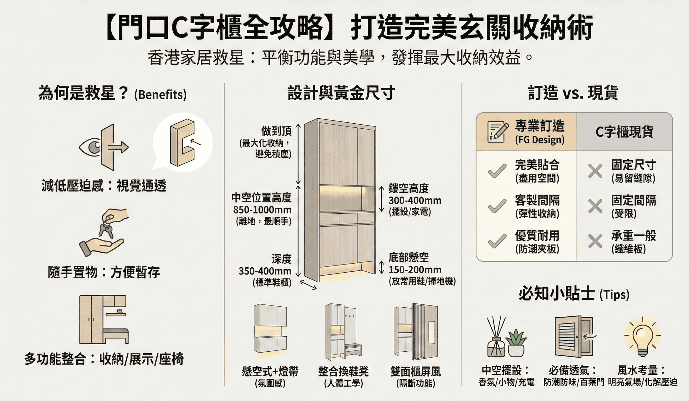 高效玄關收納C字櫃設計圖與尺寸建議，打造實用美觀的門口收納空間。.