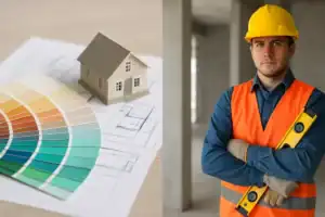 ALT標籤：建築師與施工現場專業人員討論裝修設計與施工風險.