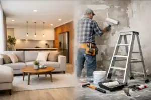 室內裝修施工現場，專業團隊進行局部翻新與定制傢俱服務.