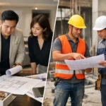 ALT標籤：設計師監工與工班統包現場討論施工細節.