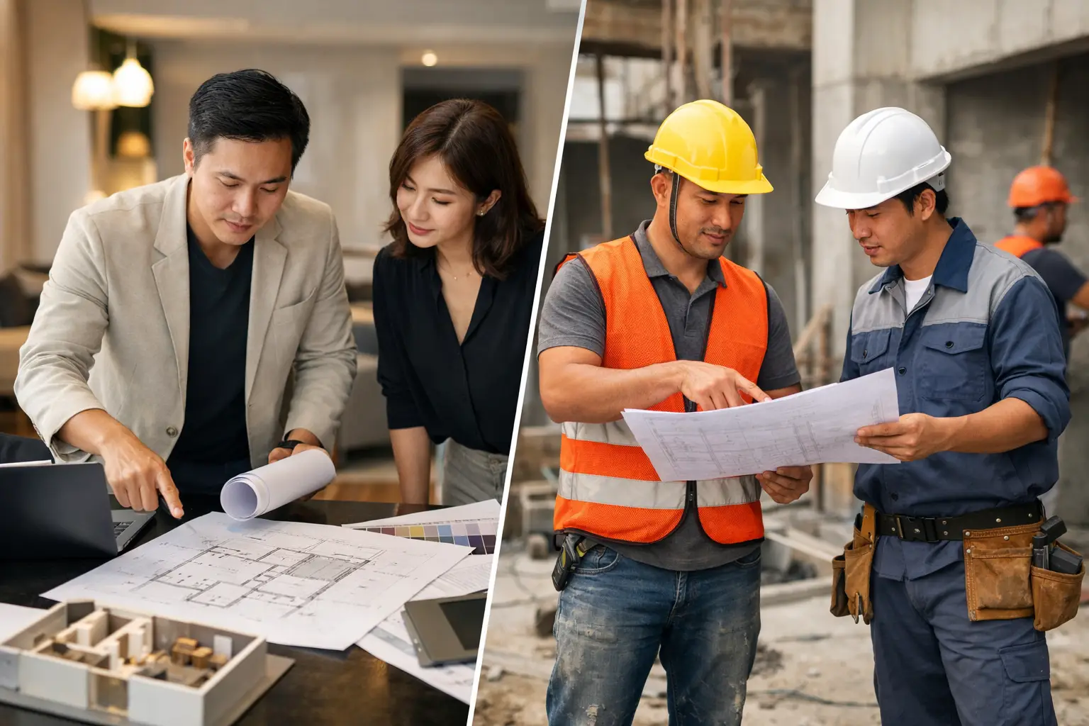 ALT標籤：設計師監工與工班統包現場討論施工細節.