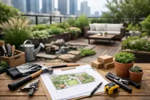 室外花園設計圖，展示綠化與休閒空間的完美結合。.