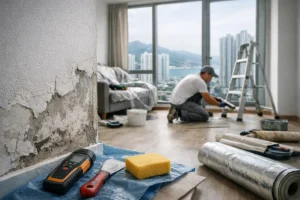 防潮裝修施工現場，專業施工人員進行牆面防潮處理。.