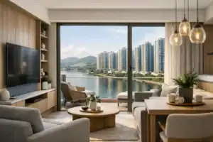 ALT：寬敞明亮的客廳，面向維景灣畔的壯麗景色，展現實用與耐用的特色裝修風格。.