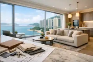 海景豪華客廳設計，定制高端傢俱，兼顧實用與美觀，打造舒適奢華的居家空間。.