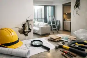 牆壁裂縫修補與室內設計規劃示意圖.