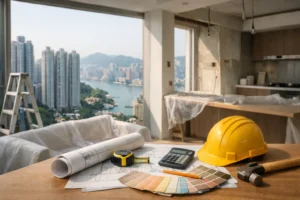 高層住宅室內裝修設計，展示窗外城市景觀與建築材料。.