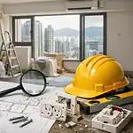 香港裝修現場施工工具與安全帽展示.
