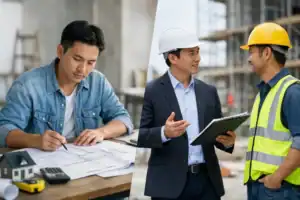工程師與建築工人討論施工計劃與設計細節.