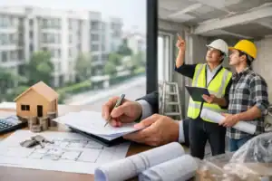 建築師與工程師討論屋苑裝修申請流程.