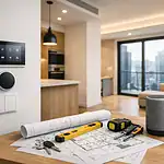 智能家居控制面板與施工工具展示於現代客廳.