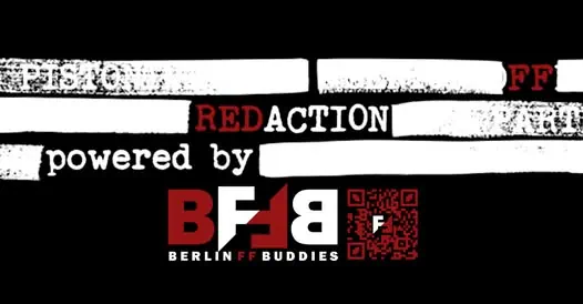 Logo of REDACTION powered by Berlin FF Buddies with QR code.
