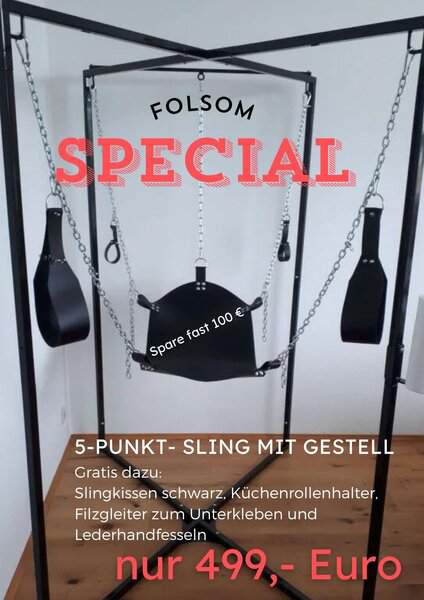 5-Punkt-Sling mit Gestell, schwarz, vielseitiges Fessel- und BDSM-Equipment, Sonderangebot 499 €.