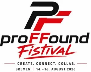 Logo des ProFound Fistival 2026 mit den Worten "Create. Connect. Collab." in Schwarz, Rot und Weiß, symbolisiert die Veranstaltung in Bremen vom 14. bis 16. August 2026.