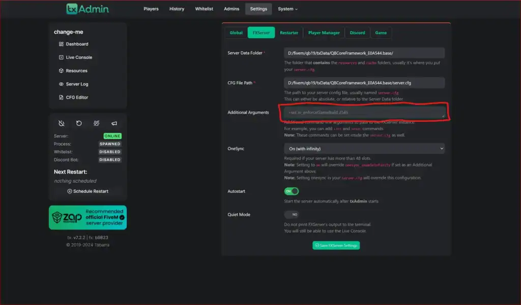 Configuring game build settings for FiveM server