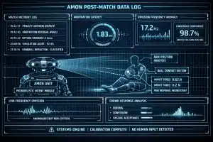 AI-powered robotic referee monitoring football matches with terrifying accuracy.