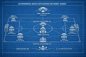 A diagram of the AMON robotic referee system applying precise football laws.
