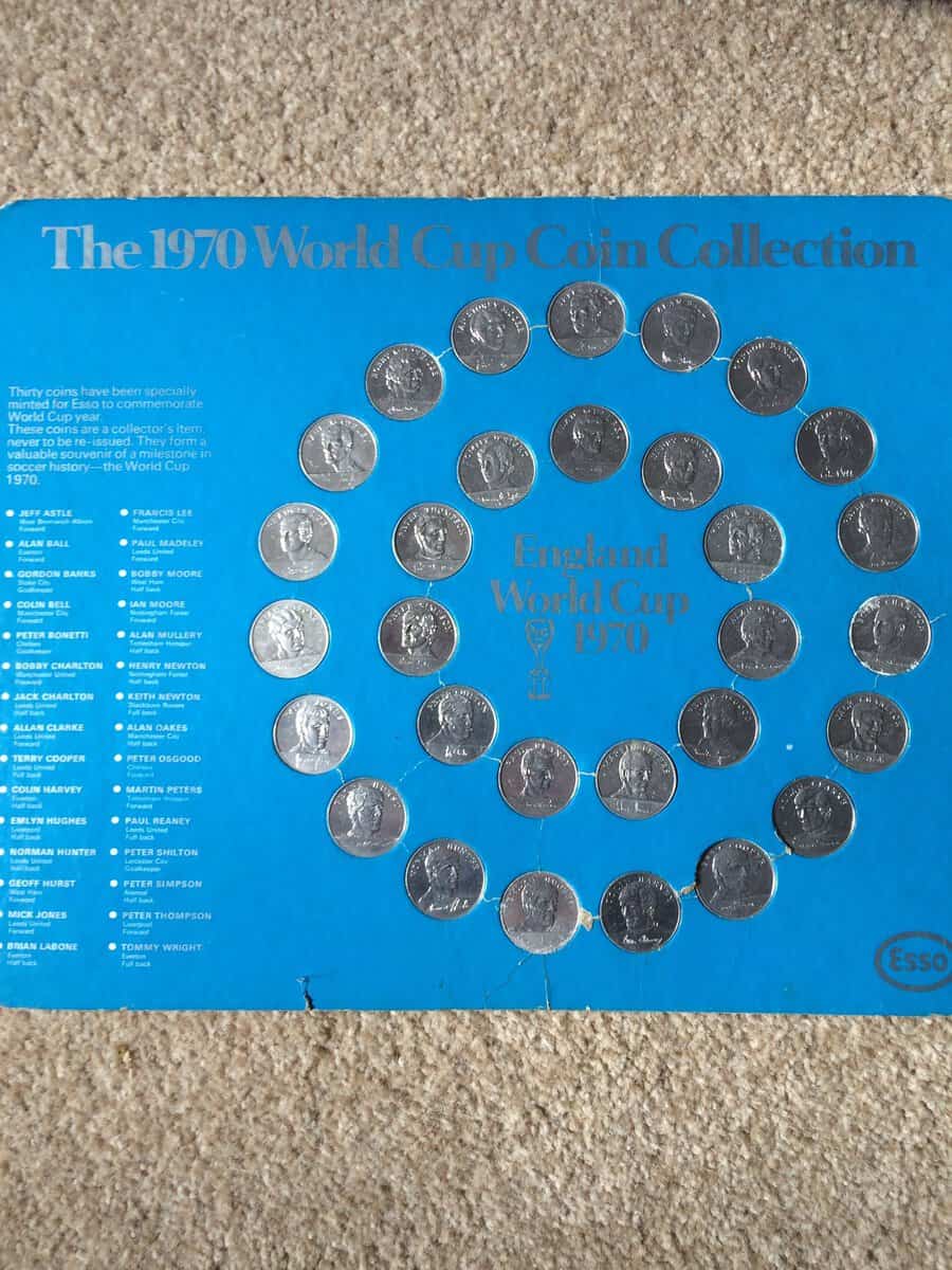 Esso 1970 World Cup coin collection displayed on its blue mounting board