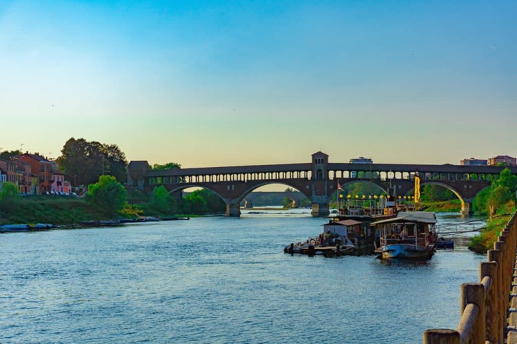 pavia, covered bridge of pavia, bridge of pavia, bridge, ticino, borgo ticino, urban, nature, city, river, the river ticino, sunset, water, lombardy, italy, travel
