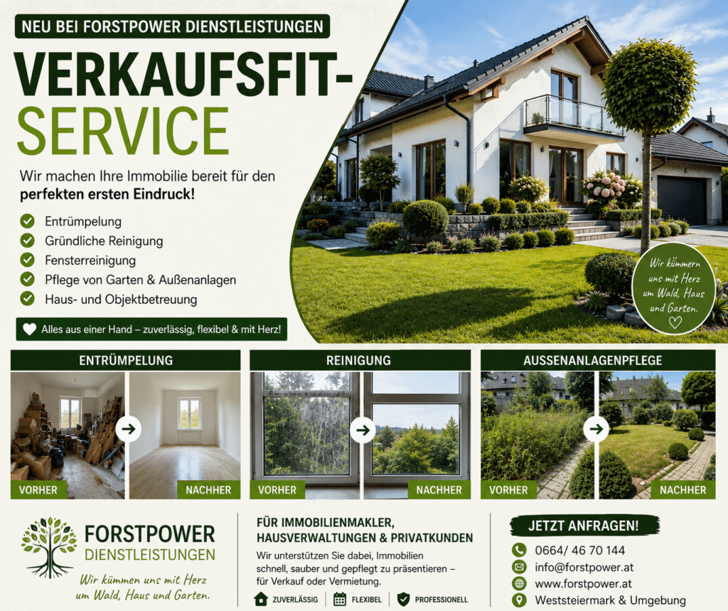 Großes Werbebanner von Forstpower Dienstleistungen: Verkaufsservice für Immobilien mit Außenanlagepflege, Reinigung und Entrümpelung links und Hausfront rechts.