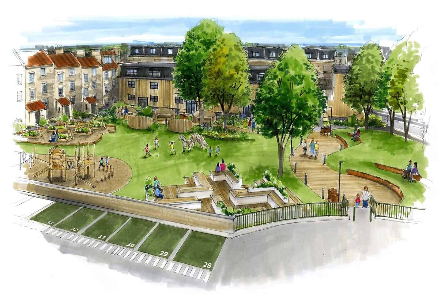 Bright outdoor park with lush trees and seating areas in Lampards Buildings.