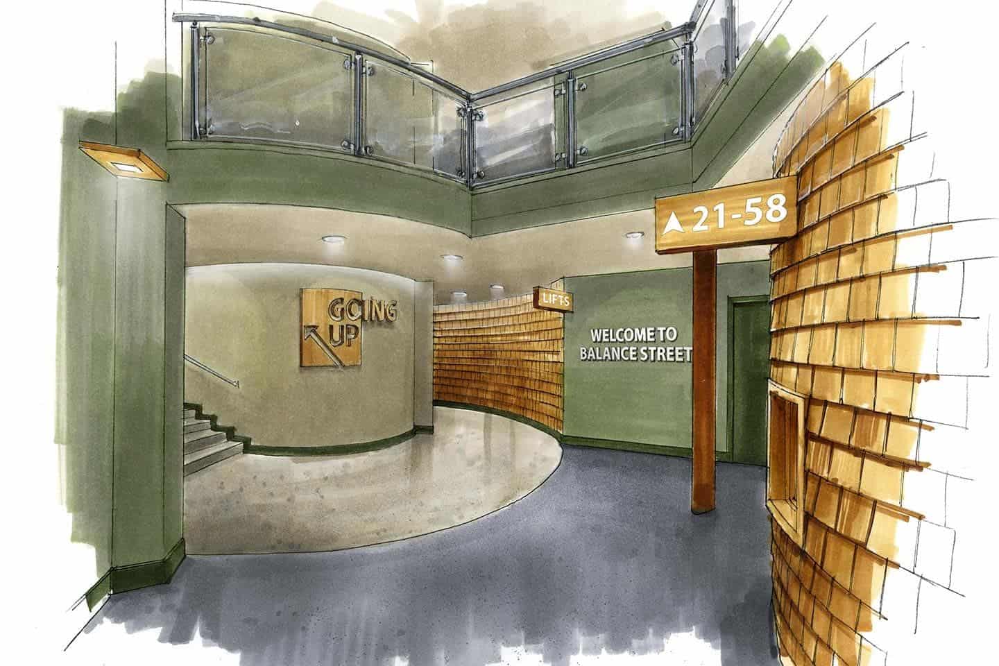Modern lobby area at Lampards Buildings with contemporary design and welcoming atmosphere.