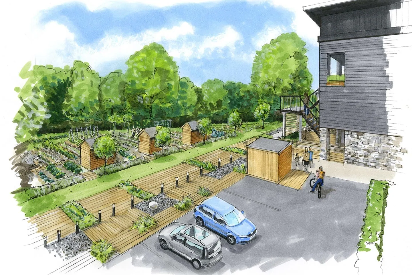 Walnut buildings with landscaped garden and outdoor seating area.