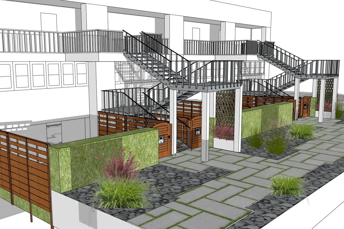 Contemporary walnut building with outdoor stairs and landscaped garden.