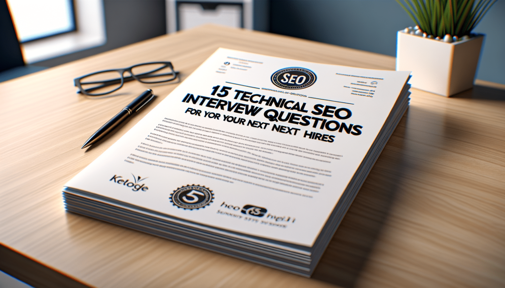 Stack of SEO interview questions papers on desk.