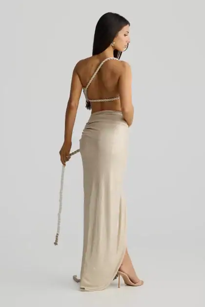 Elegant goddess-inspired beige maxi skirt with tied rope accents, perfect for a sophisticated Cleopatra costume or themed event. Made of luxurious satin with a form-fitting silhouette.