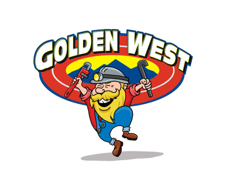 A cartoon bearded miner holding a wrench and pipe stands under the text “Golden West” with a red, yellow, and blue oval background.